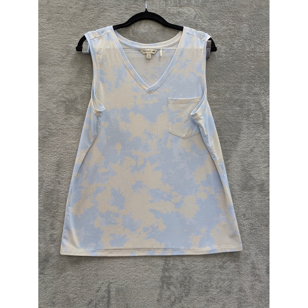 Toad Co Tie Dye Tank Top Womens Large Blue Cloud Print V-Neck Pocket Sleeveless‎